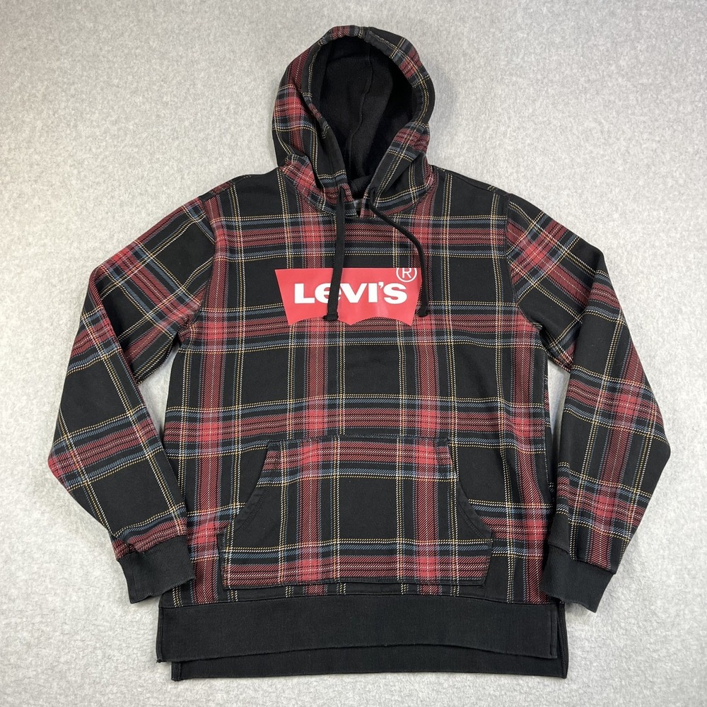 Levis Plaid Hoodie Mens Medium Sweatshirt Pullover Red Black Rubber Logo M